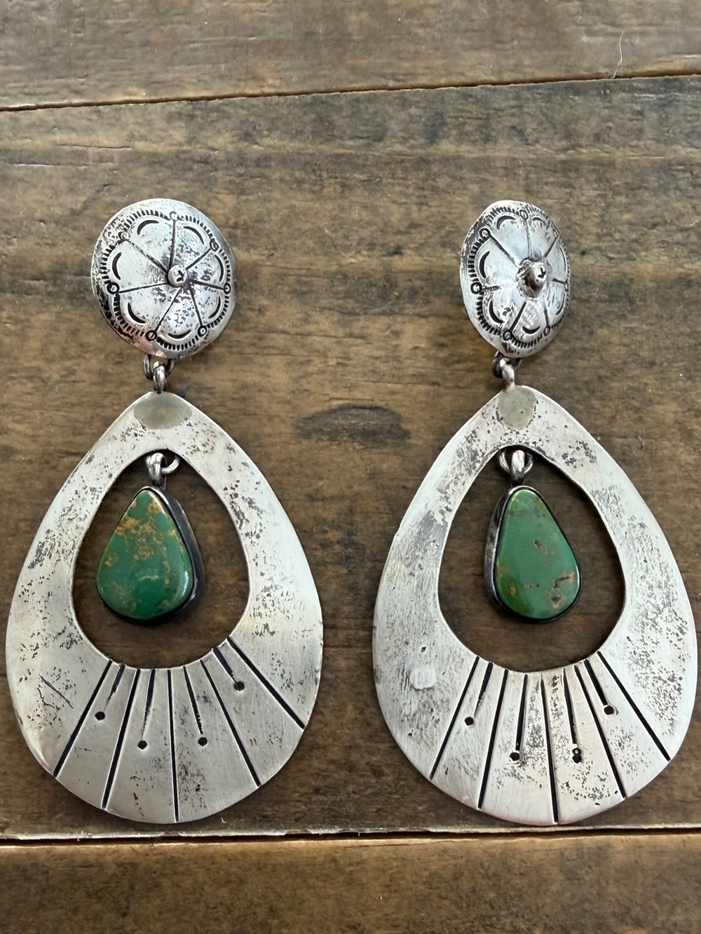 Vintage Native Navajo Sterling Silver Green Turquoise Concho Dangle Earrings